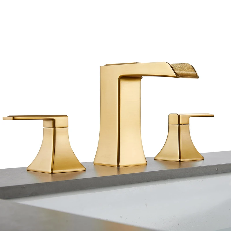 Sanliv Widespread Bathroom Faucet 3 Hole, Brushed Gold Waterfall Bathroom Faucet for 8 Inch Widespread or 4-Inch Centerset Sink, Two Handle Vanity Faucet with Pop Up Drain