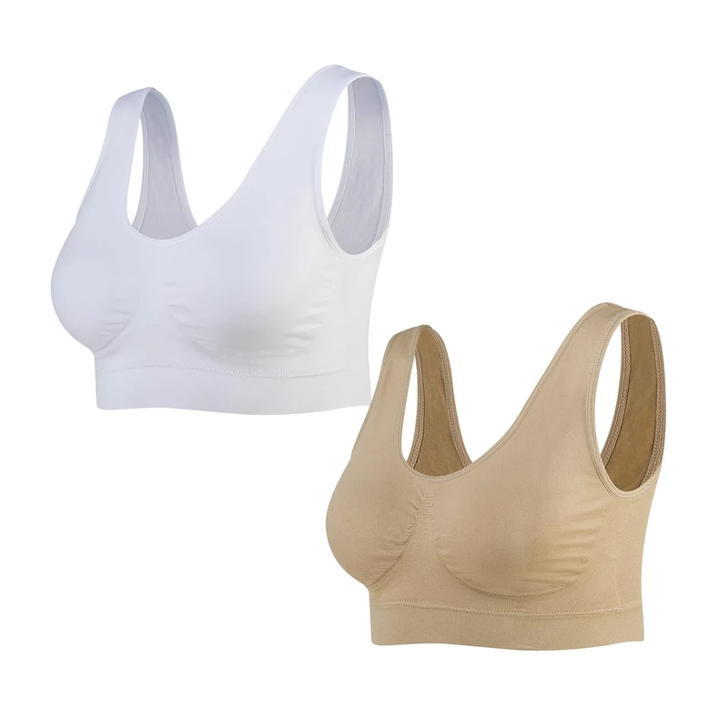 Lemef 2-Pack Seamless Sports Bra Wirefree Yoga Bra with Removable Pads for Women (X-Large, Nude&White)