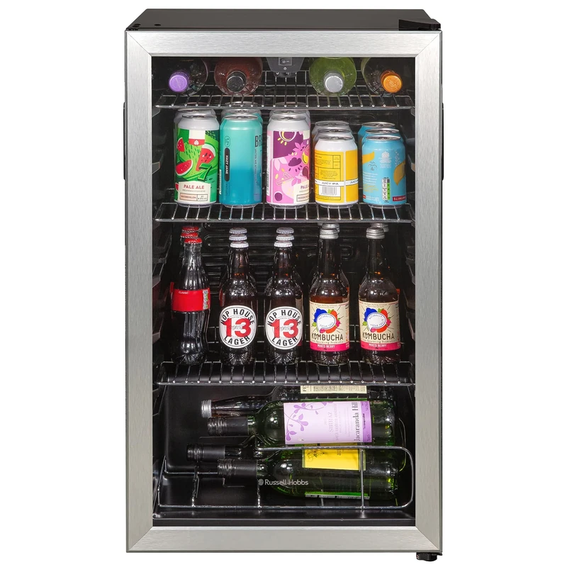 Russell Hobbs Undercounter Fridge 93 Litre/48 Can Undercounter Freestanding Beverage/Drinks Wine Fridge for Beer in Stainless Steel LED Light Drinks & Snacks Glass Door 2 Year Guarantee RH48BC101SS