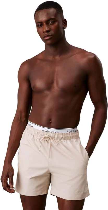Calvin Klein Men's Medium Double Waistband Mid Length Swim Shorts, Beige (Stony Beige), XXL