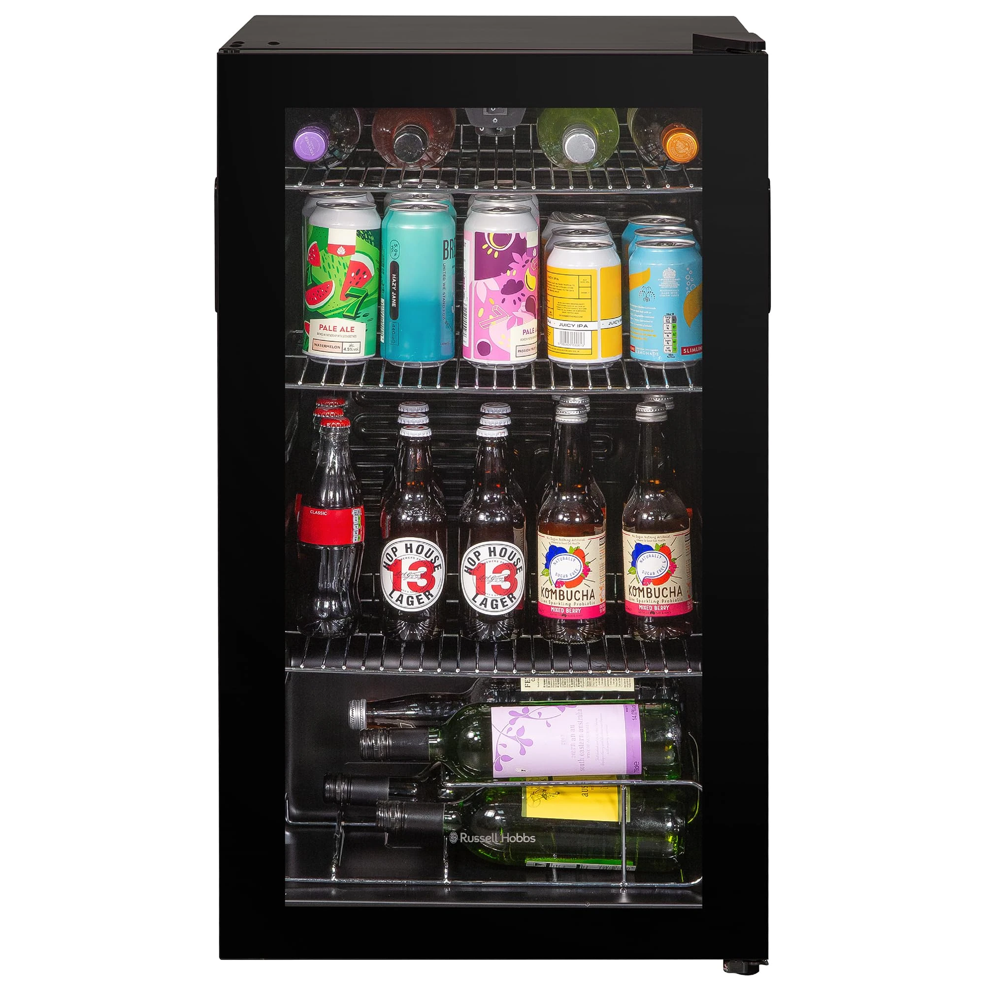 Russell Hobbs Undercounter Fridge 93 Litre/48 Can Undercounter Freestanding Beverage/Drinks Wine Fridge for Beer in Black, LED Light, Drinks & Snacks Glass Door, 2 Year Guarantee RH48BC101B