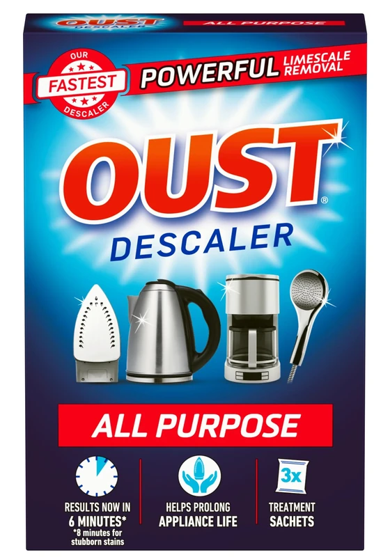 Oust Powerful All Purpose Descaler, New Formula, Limescale Remover – Ideal for Kettles, Coffee Machines, Irons and Shower Heads, 3 Sachets