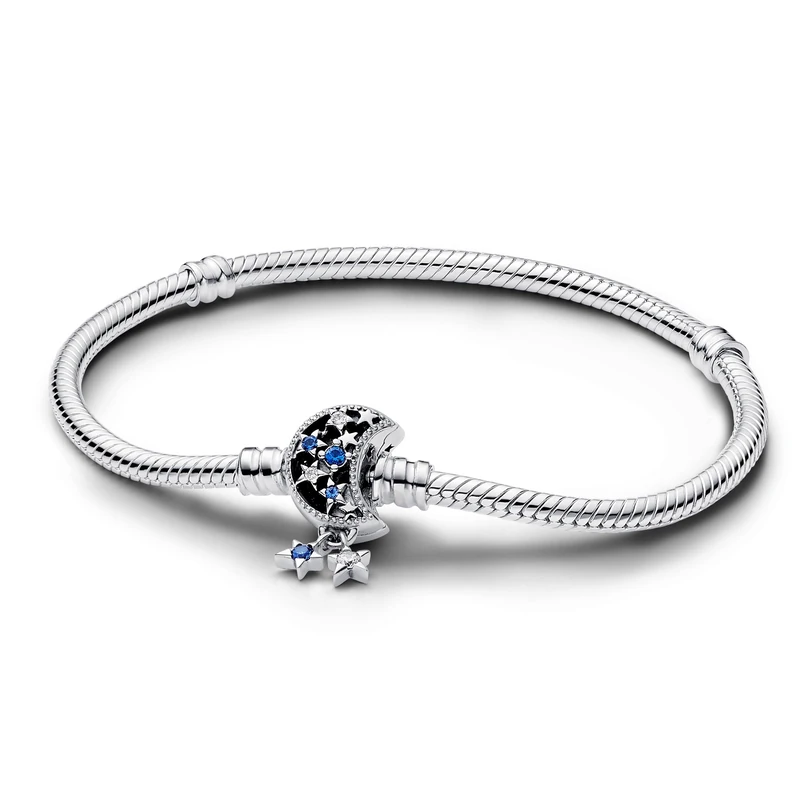 Pandora Moments Snake chain sterling silver bracelet with moon clasp with stellar blue crystal and clear cubic zirconia, 17