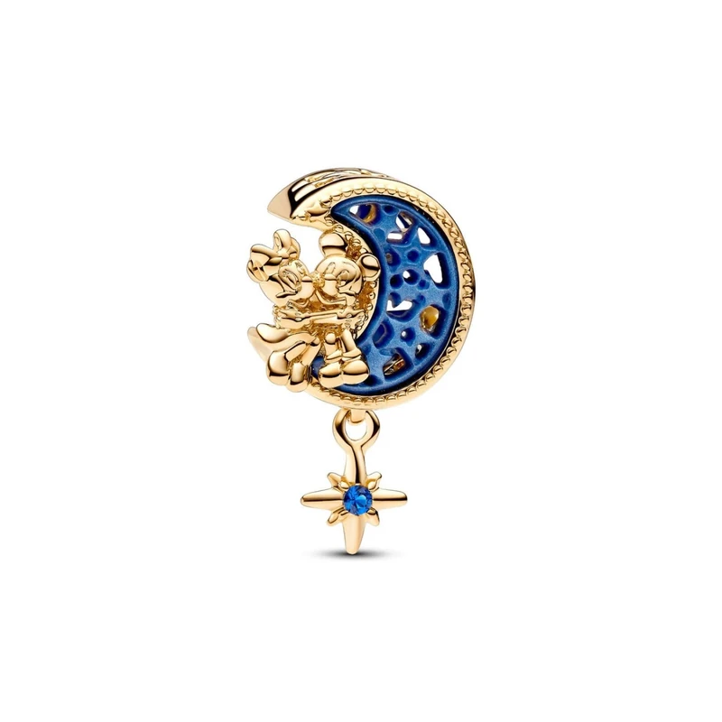 Pandora Disney Mickey and Minnie on the moon 14k gold-plated charm with true blue crystal and blue bioresin man-made mother of pearl