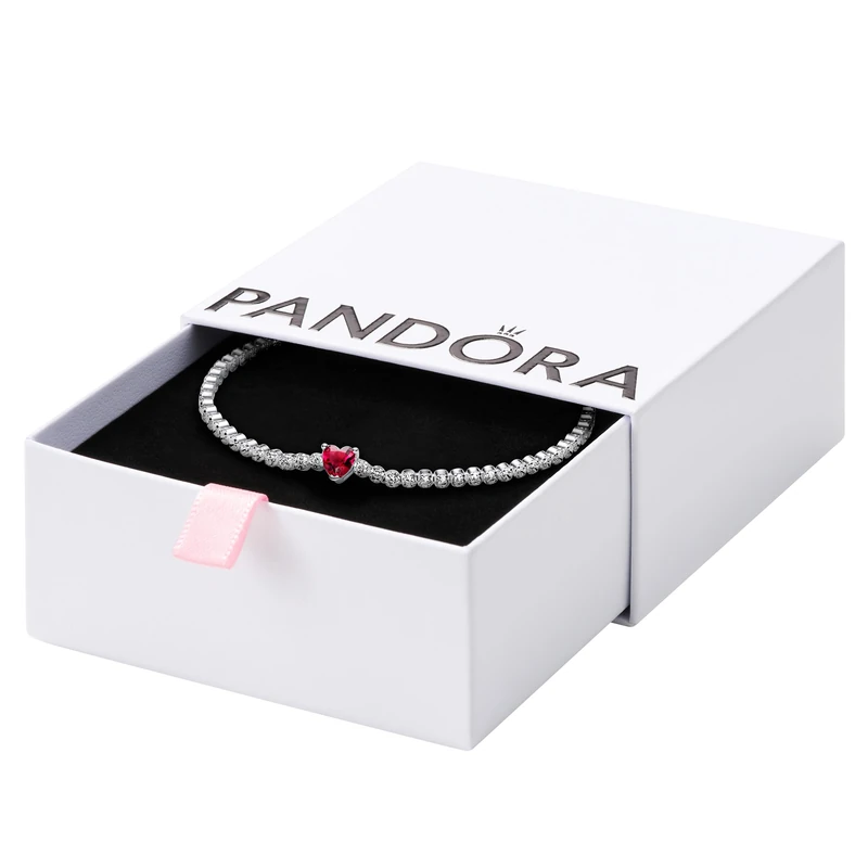 Pandora Timeless Heart sterling silver tennis bracelet with red crystal and clear cubic zirconia, 18