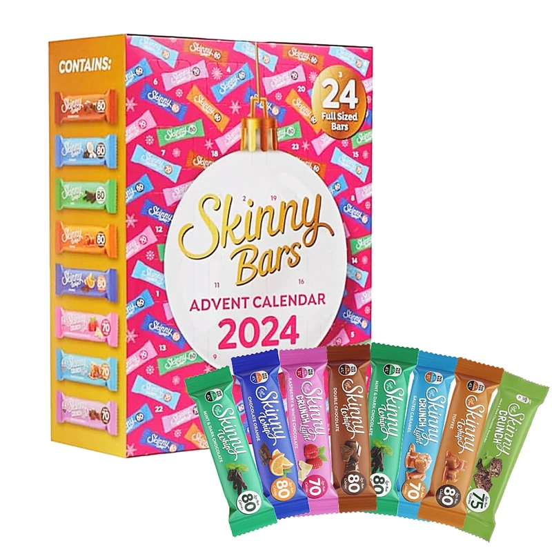 Skinny Bars Advent Calendar 2024 - Assortment of High-in Fibre Skinny Chocolate 24 Days Christmas Countdown Calendar 468g with Topline Card. Sweet Hamper for Secret Santa Gifts