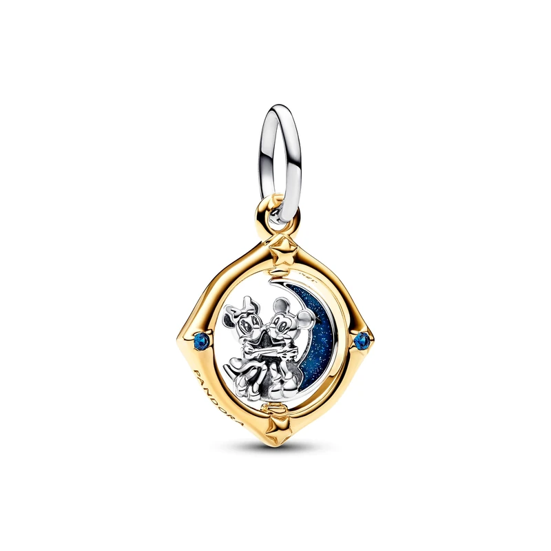 Pandora Disney Mickey and Minnie sterling silver and 14k gold-plated spinning dangle with true blue crystal and glittery blue enamel