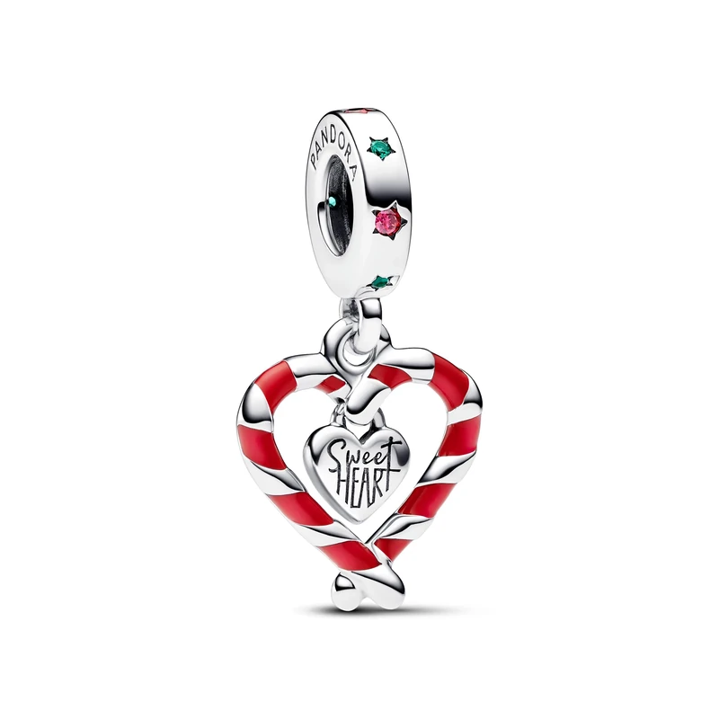 Pandora Moments Candy cane sterling silver dangle with lake green crystal, red cubic zirconia and red enamel