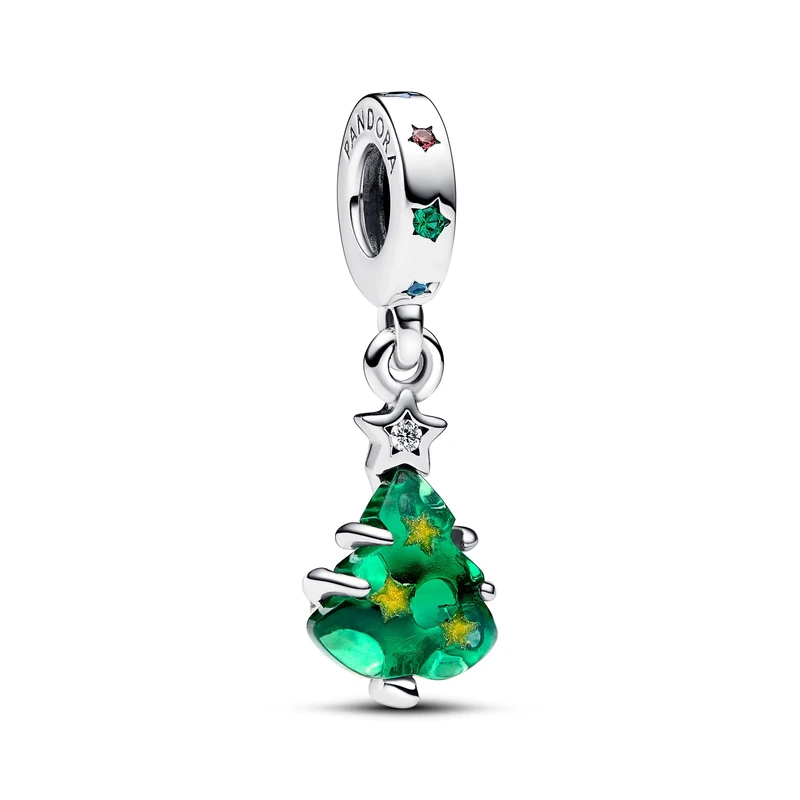 Pandora Moments Christmas tree sterling silver dangle with clear, red cubic zirconia, stellar blue, royal green crystal, green crystal and golden enamel