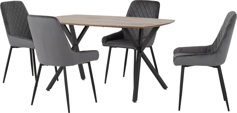 Seconique Athens Dining Table Set with 4 Avery Dining Chairs in Medium Oak Effect/Grey Velvet