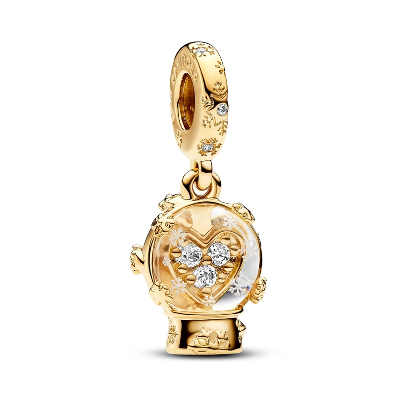 Pandora Moments Heart wings snowglobe 14k gold-plated dangle with clear cubic zirconia and snow flake Murano glass