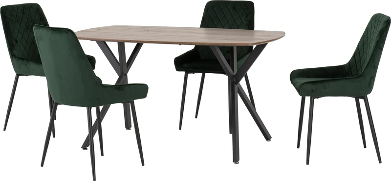Seconique Athens Dining Table Set with 4 Avery Dining Chairs in Medium Oak Effect/Emerald Green Velvet