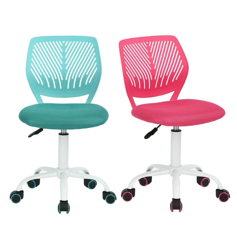 FurnitureR Desk Chair Office Chair Fabric Seat Ergonomic Study Chair without Armrest, Adjustable Height Swivel Chair, set of 2, Pink+Aqua