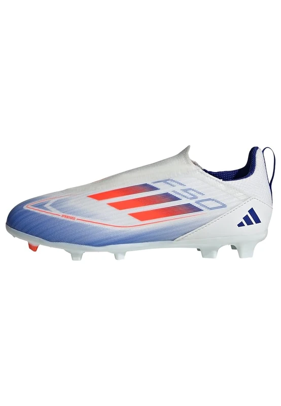 adidas Unisex Kids F50 League Laceless Football Boots Firm Ground, Cloud White/Solar Red/Lucid Blue, 10 UK Child