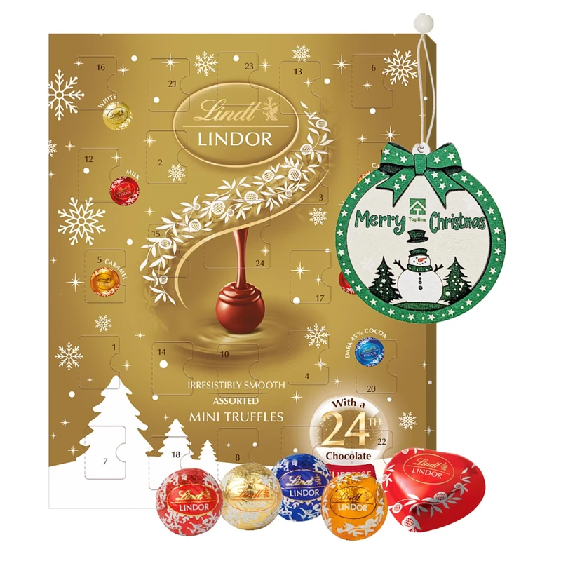 Assorted Lindt Chocolates Advent Calendar 2025-24 Days Christmas Countdpwn Mini Truffles Advent Calendar 117g with Topline Tree Decoration. Christmas Gifts for Women, Gifts for Colleagues