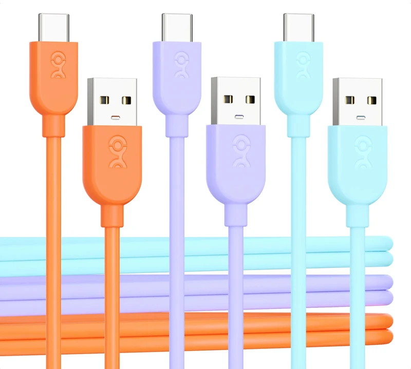Cable Matters 3-Pack Extreme Flexible Short USB A to USB C Cable 0.9m in Orange Blue Purple, Support Apple CarPlay, Android Auto, USB to USB C Charging Cable for iPhone 15 Pro Max Plus, Galaxy S23