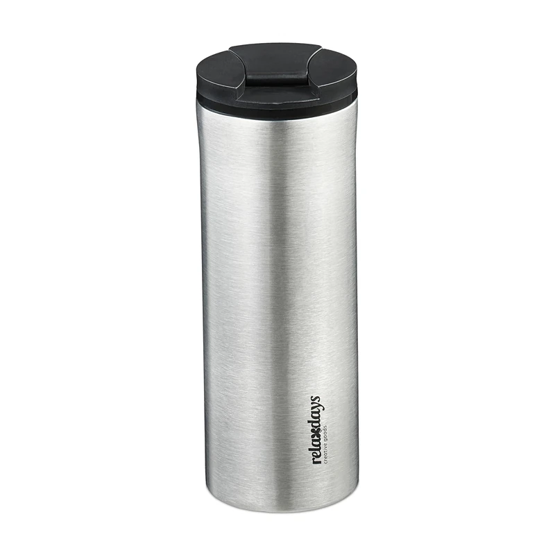 Relaxdays Insulated Mug, 400 ml, for Hot & Cold Drinks, Thermal Travel Flask, Coffee Cup, Stainless Steel, Silver/Black