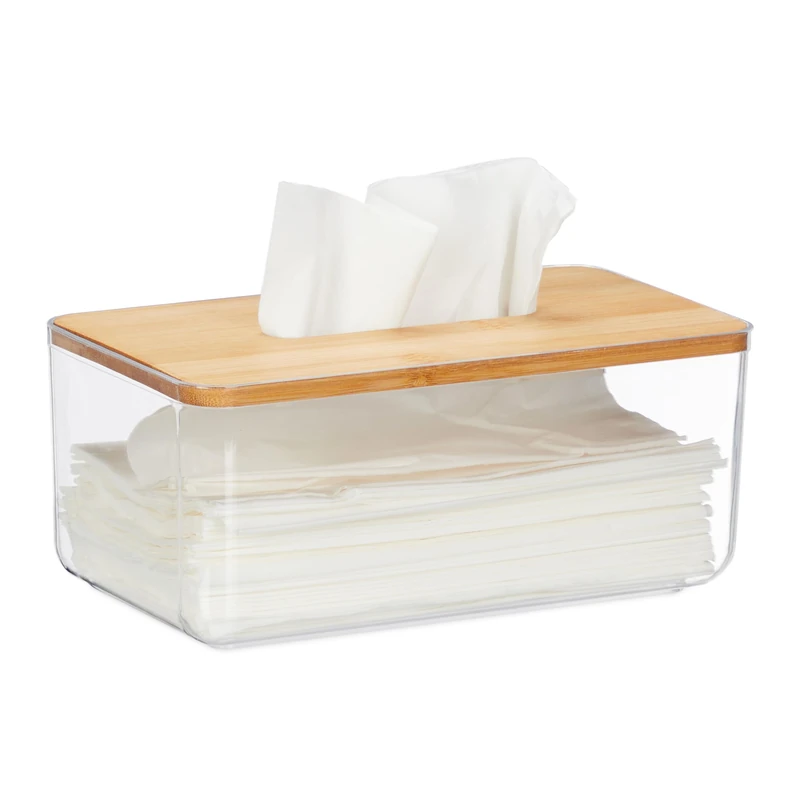 Relaxdays Tissue Box, Bamboo Lid, for Bathroom, Paper Dispenser, HxWxD 10 x 23.5 x 13 cm, Plastic, Transparent/Natural