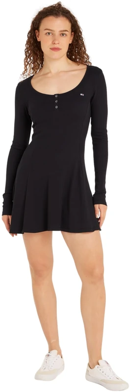Tommy Jeans Women's Long Sleeve Flare Dress, Black (Black), XL