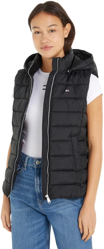 Tommy Jeans Women's Basic Hooded Quilted Gilet, Black (Black), XXS