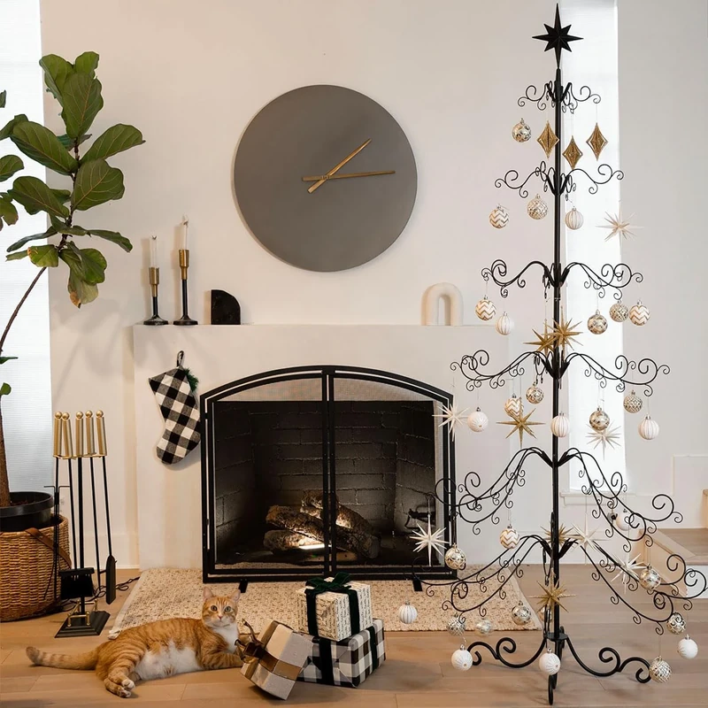 Barton 6.4ft Christmas Metal Ornament Tree - Features Hooks for Ornaments Small Craft Items Wrought Iron Ornament Display Easy Assembly, Black