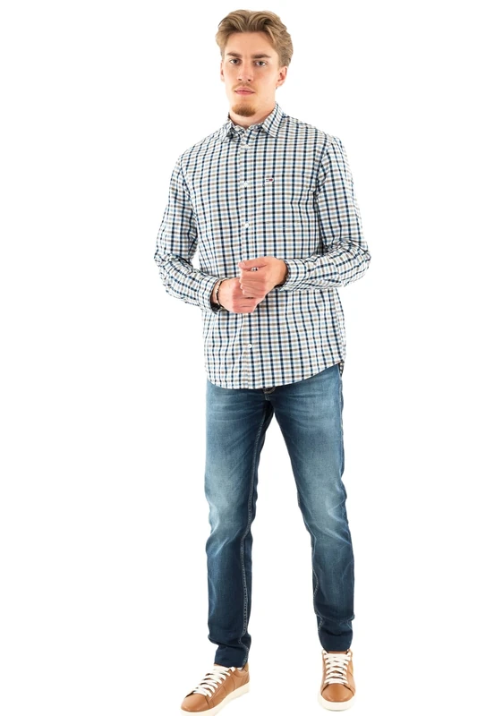Tommy Jeans Men's Long Sleeve Check Shirt, Multicolor (White Check), XS