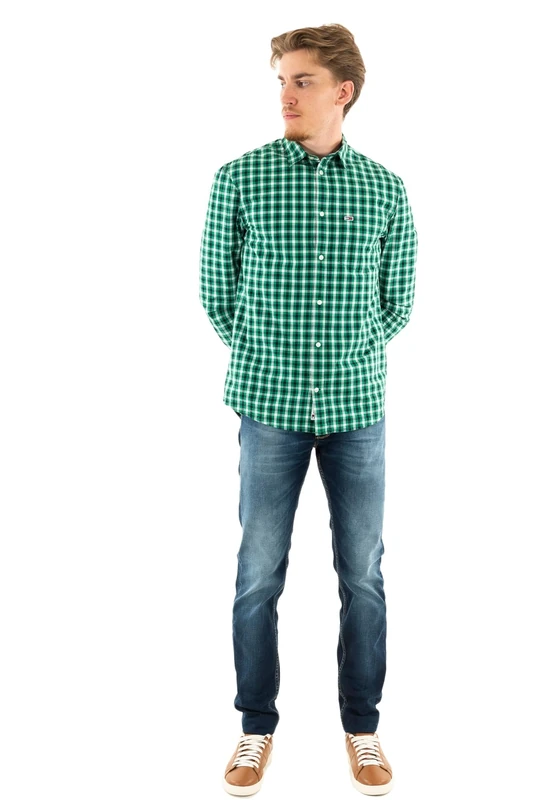 Tommy Jeans Men's Long Sleeve Check Shirt, Green (Green Malachite Check), XXS