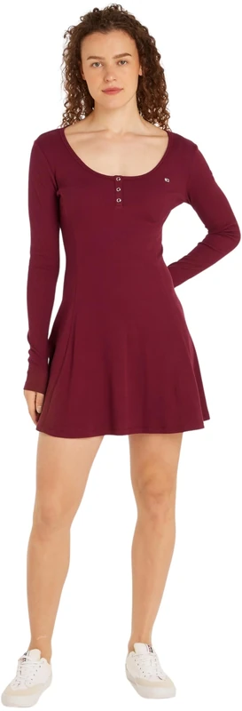 Tommy Jeans Women's Long Sleeve Flare Dress, Red (Valley Grape), L