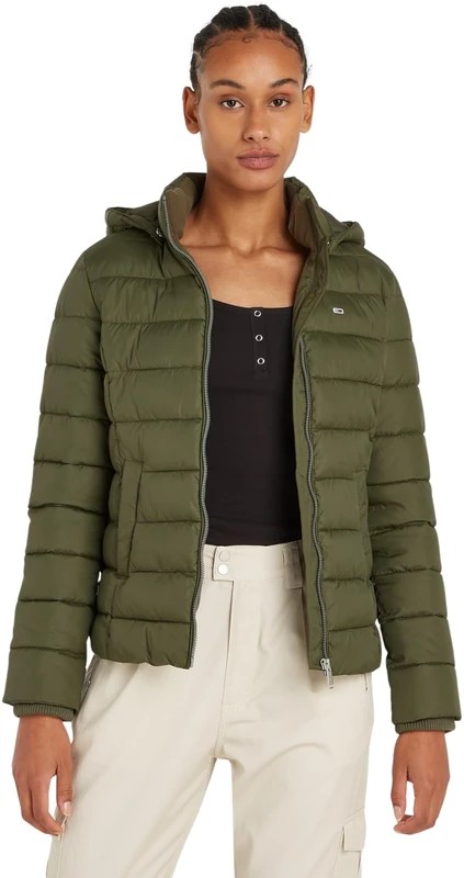 Tommy Jeans Women's TJW BASIC HOODED JACKET Puffer Jacket, Fatigue Green, XXS