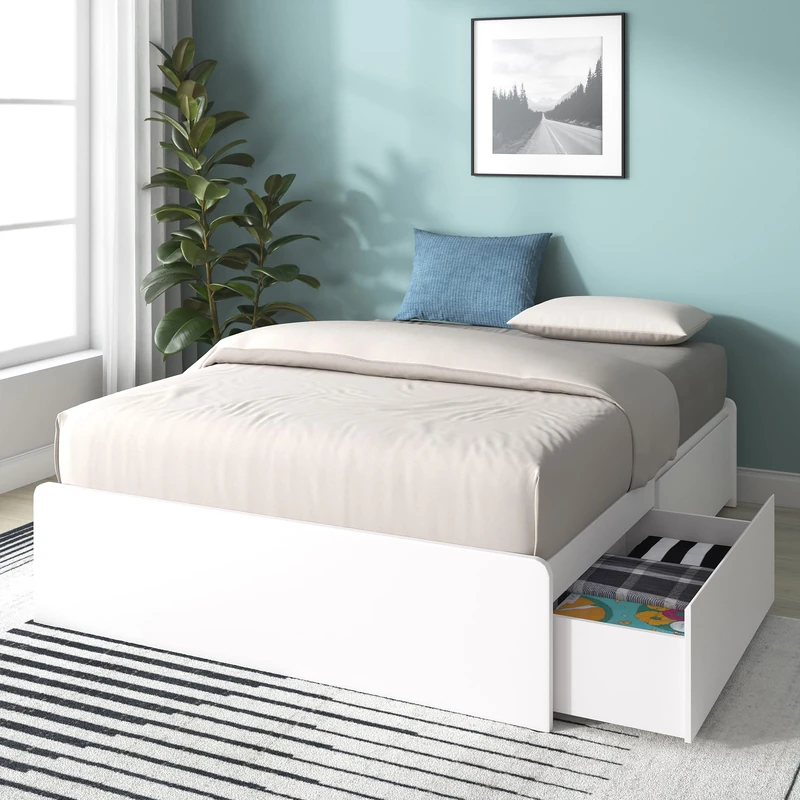Zinus Marlow Double Bed frame - Bed 135x190 cm - 33 cm Height - Wooden Bed frame with Built-in Storage Drawers and Wood slats - White