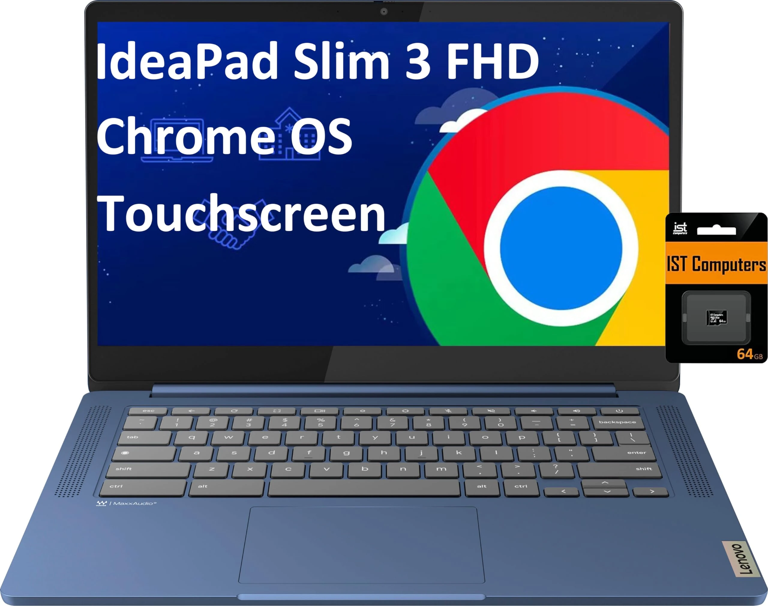 Lenovo IdeaPad Slim 3 14" Chromebook Laptop (14" FHD Touchscreen, 8-Core MediaTek Kompanio 520, 4GB RAM, 128GB(64GB eMMC+64GB SD)), Webcam, 13.5-Hrs Long-Battery Life, IST Card, Chrome OS, Abyss Blue