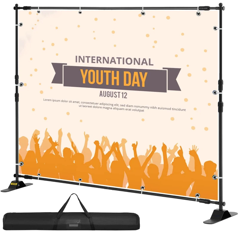 VEVOR 3 x 2.4 m Poster Stand Canvas Display Panel Telescopic Banner Portable Adjustable for Display Background, Exhibition Fair, Advertising