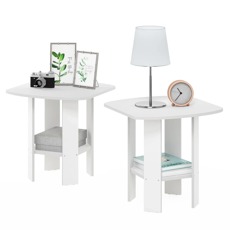 Furinno SIMPLE DESIGN Side Table Set of 2, 2-Tier End Table, Open Shelves Night Stand, Bedside Table, for Living Room, Bedroom, White