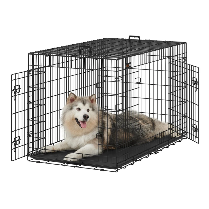 Feandrea Foldable Dog Cage with 2 Doors, Removable Tray, 136 x 79 x 87 cm, Size XXXL, Black PPD054B01