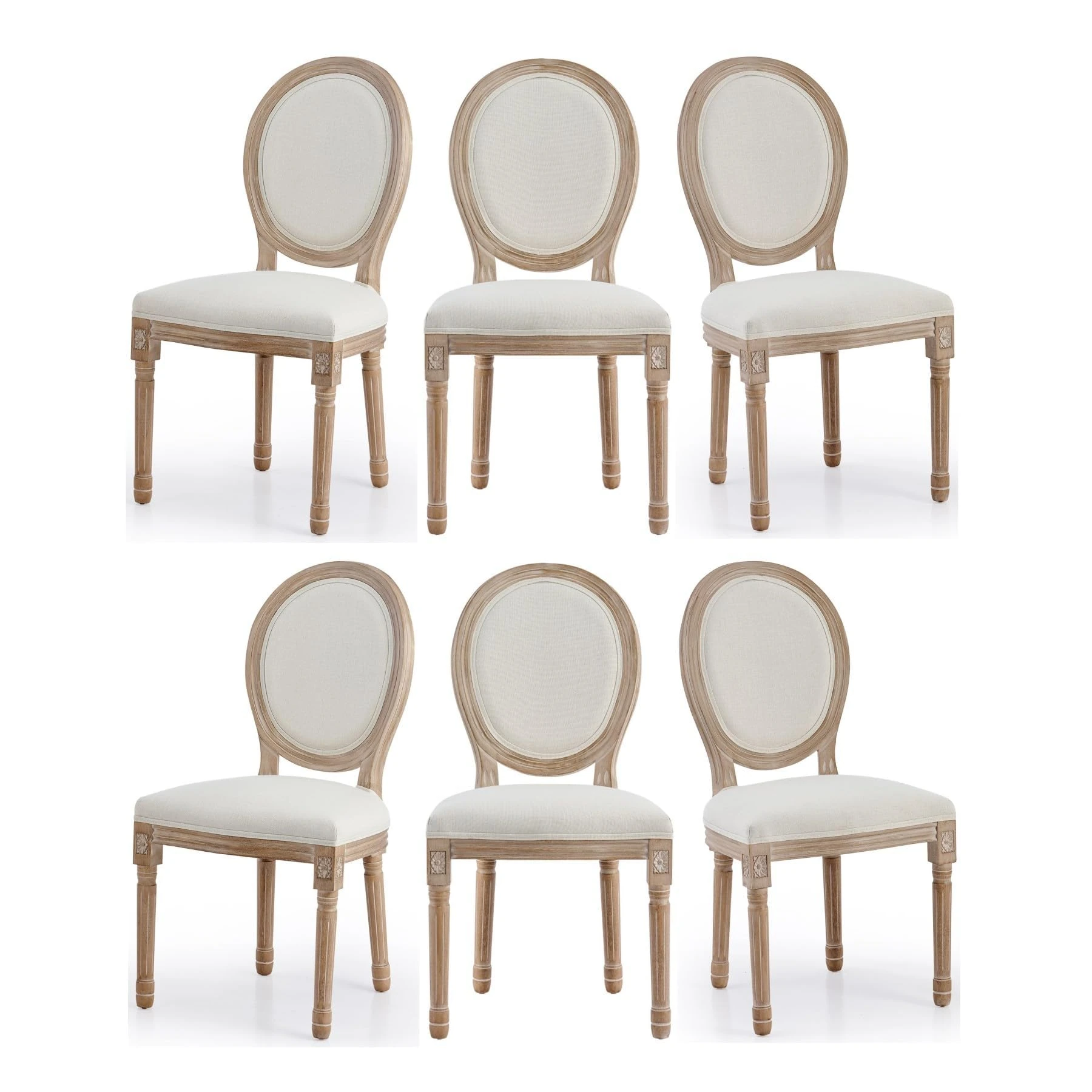 VONLUCE Accent Chairs Set of 6, French Upholstered Dining Chairs for Bedroom Living Room Kitchen, Vintage Vanity Chair with Oval Birch Backrests Rubberwood Legs, Louis XVI Farmhouse Home Decor, Beige