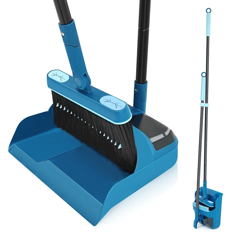 JEHONN Long Handled Dustpan and Brush Set, 138CM Swivel Broom, Upright Foldable Dust Pan with Comb Teeth for Home Kitchen Lobby Indoor Floor Cleaning (Blue)