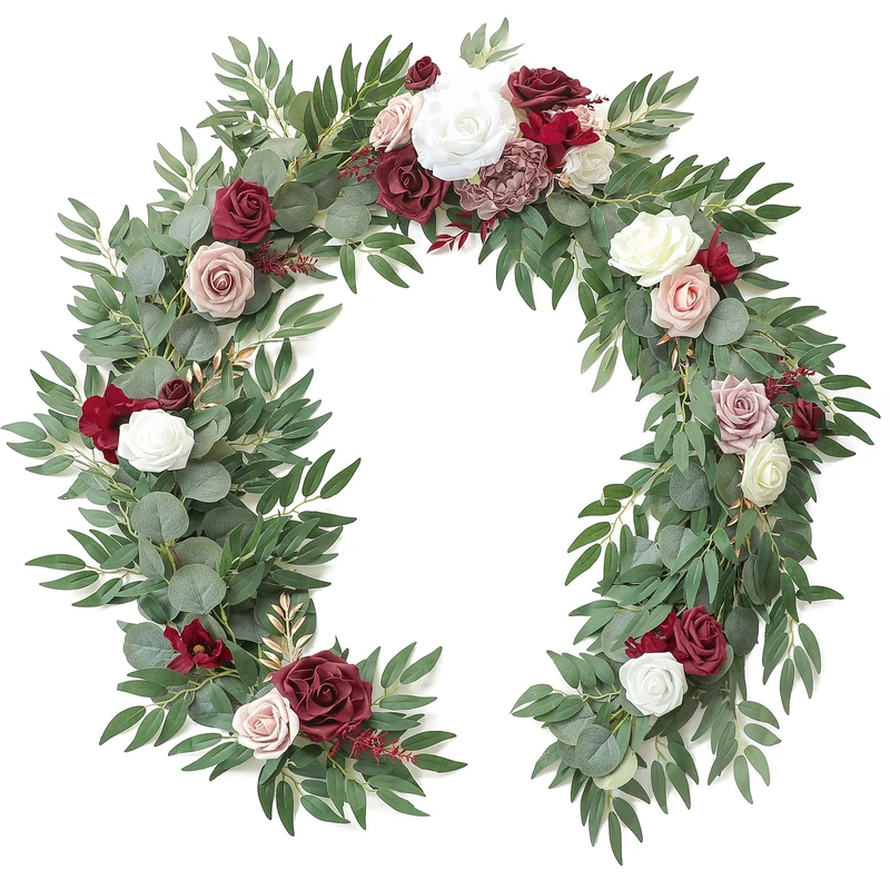Floroom 6ft Artificial Eucalyptus Garland with Flowers Fake Greenery Faux Floral Vine Garland for Table Decor Wedding Centerpieces Bridal Shower Party Decorations, Burgundy & White