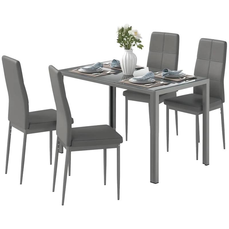 HOMCOM 5-Piece Kitchen Dining Table Set with 4 Faux Leather Metal Frame Chairs Glass Tabletop Desk for Dining Room, Kitchen, Dinette, Grey