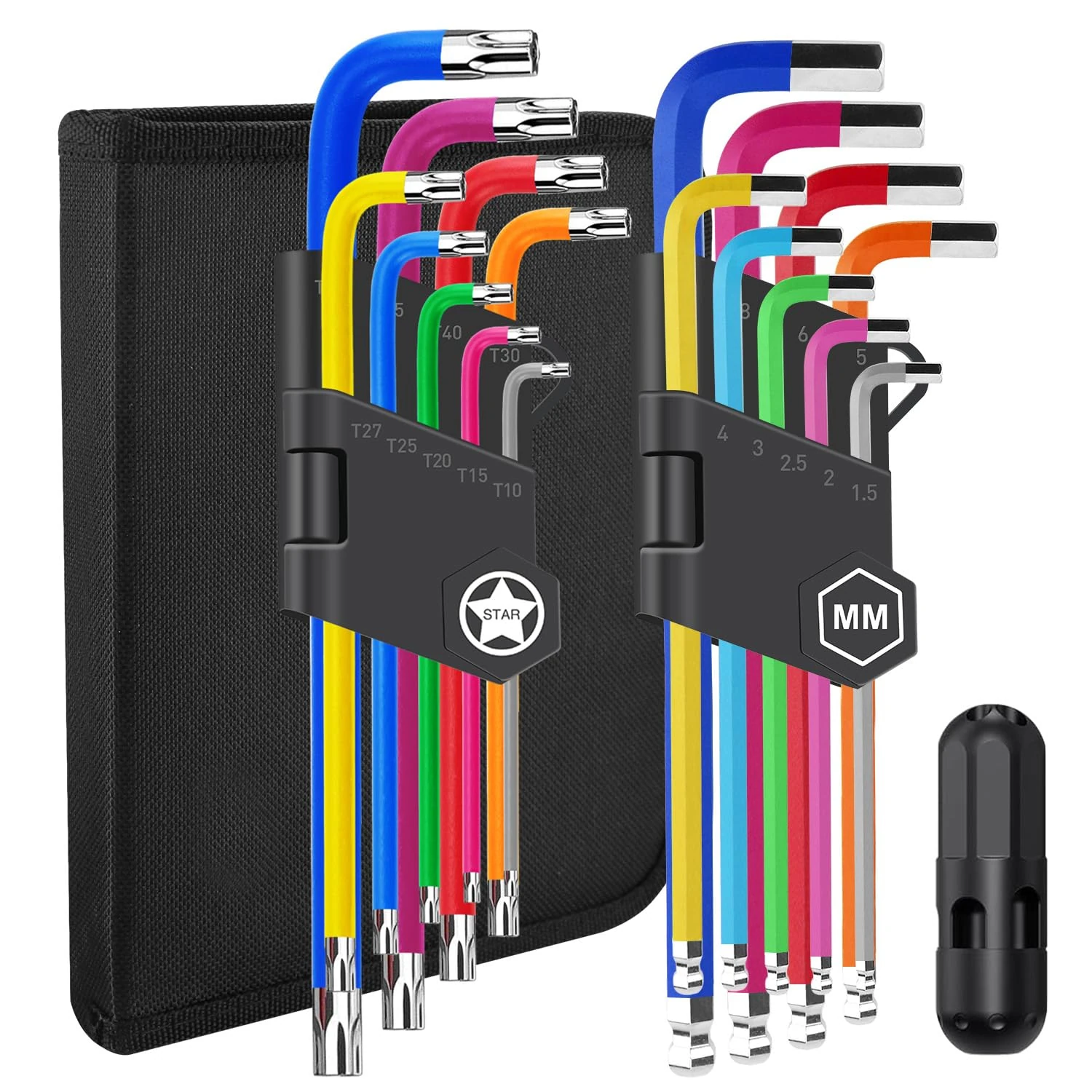 Allen Torx Key Set 18pcs,Color Coding L Keys Set Including 9pcs Allen Hex Key Set & 9Pcs Torx Star Key Set with Torque Handle and Tool Bag,Cr-V Steel