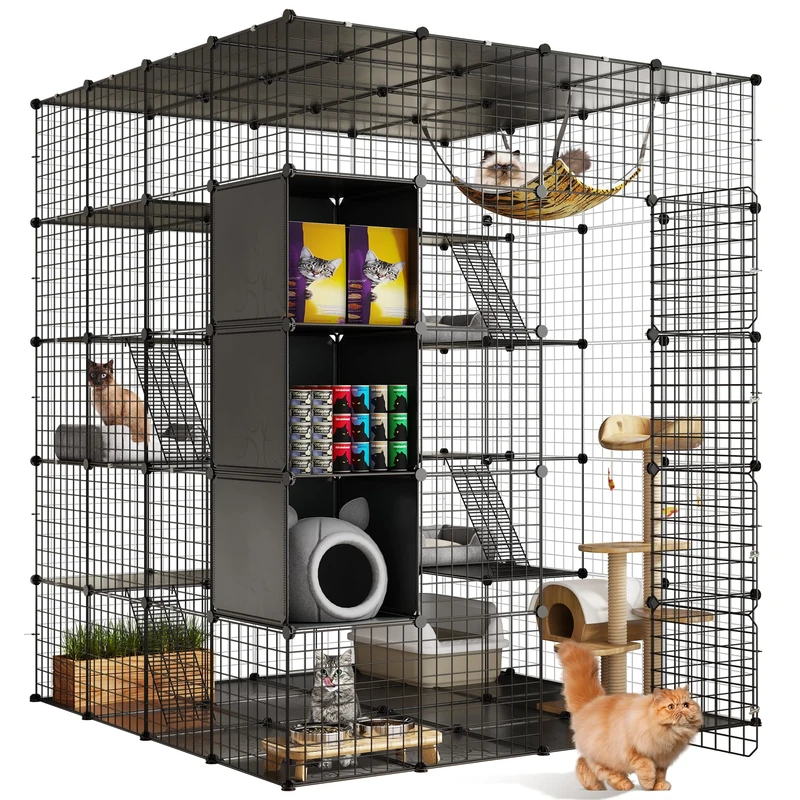 YITAHOME 5-Tier Large Cat Cage Indoor & Outdoor, 140x140x175cm DIY Cat Enclosure with Hammock, 3 Doors & Roof Window, Pet Playpen for 1-5 Cats, Rabbits, Includes Storage Cube & Floor Mat