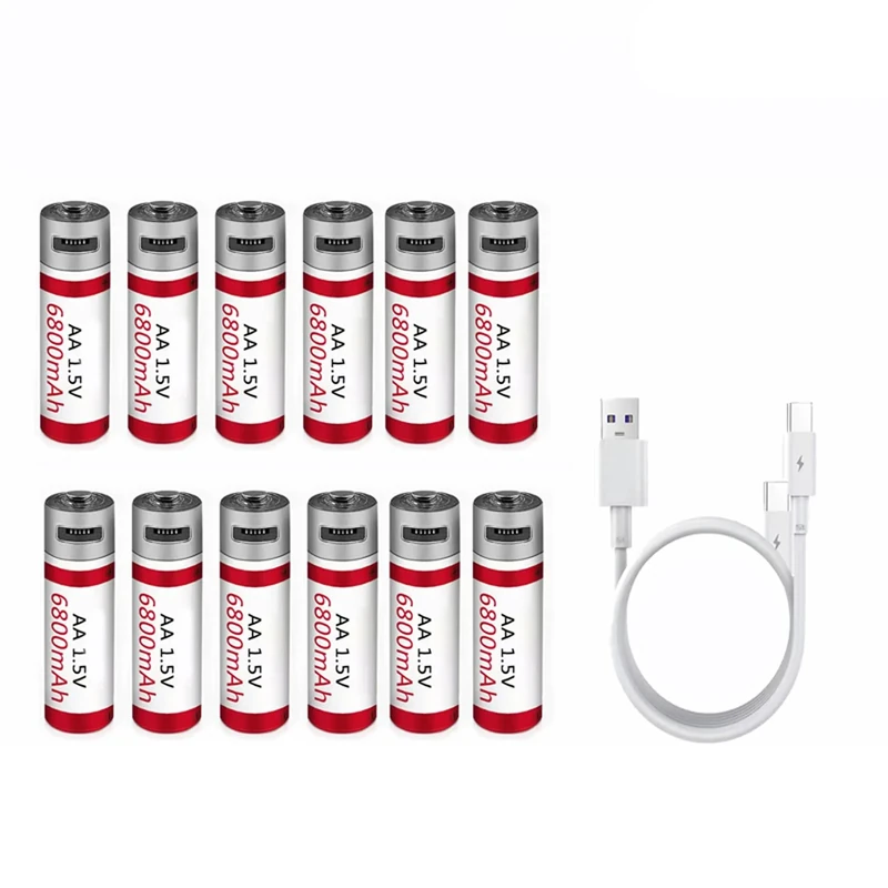 WILLQ Rechargeable Lithium AA Batteries 6800mAh USB Constant Output 1.5V 2 Hour Fast Charge with USB Cable 1000+ Cycles Double A Battery,12pcs 1.5V6.8Ah