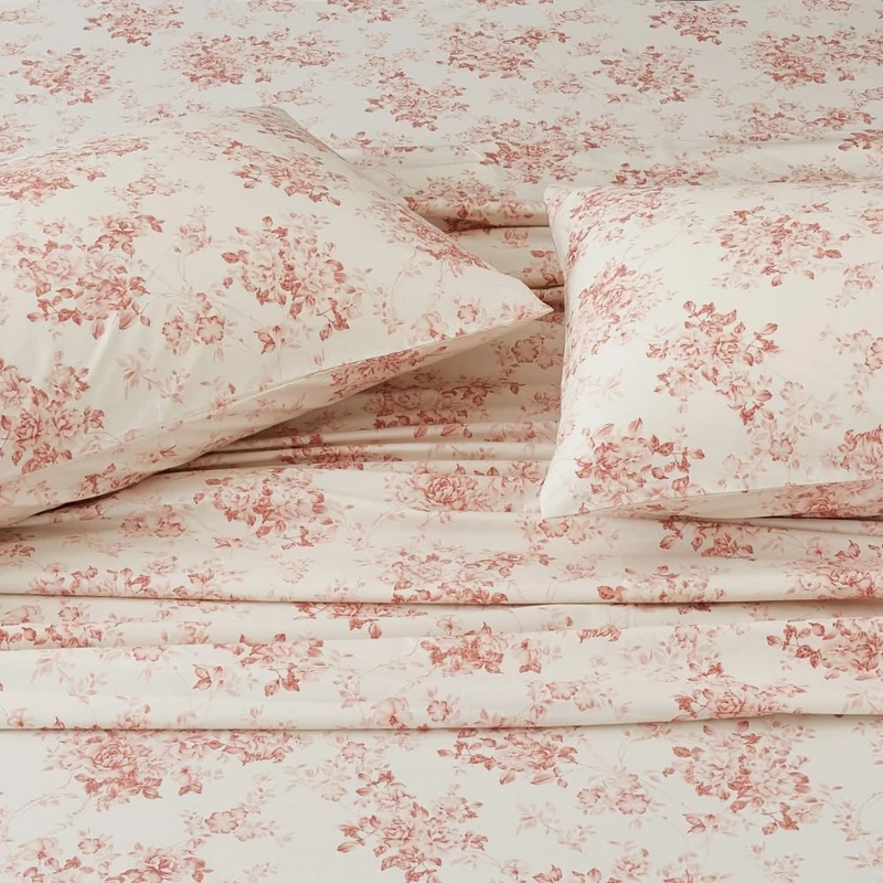 DAUAOTO Cotton Sheets Set California King Printed Bedding Sets, Toile Red Floral Pattern Bedlinen for Cal King Mattress Up to 14" Deep, Pale Red