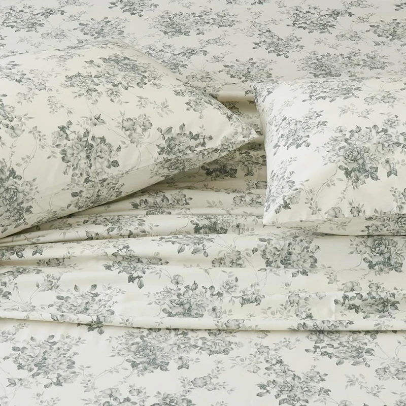 DAUAOTO 100% Cotton Bedding Printed Sheets Set for King Size Bed Up to 14" Deep Mattress, Toile Rose Floral Pattern Bedlinen Sets, Gray
