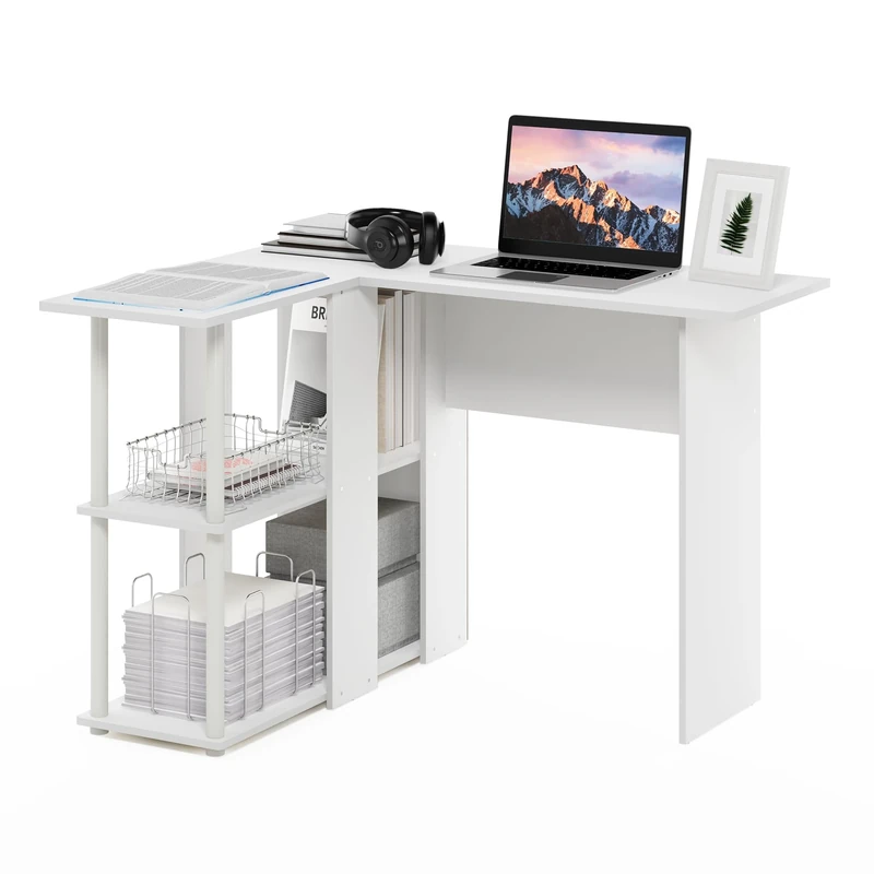 Furinno ABBOTT Desk, Gaming Desk with Bookshelf, L-Shape Computer Desk, Office Desk for Home Office, Bedroom, White