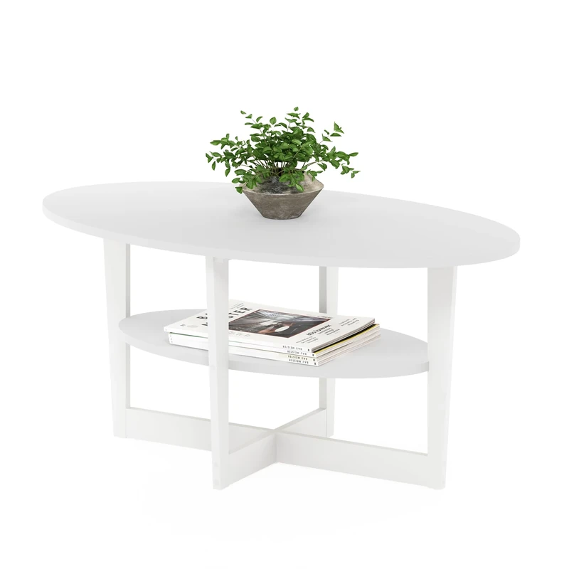 Furinno JAYA Coffee Table, 2-Tier Round Modern Coffee Table with Oval Tabletop, Side Table with Open Shelf, for Living Room, Bedroom, Home Office, White