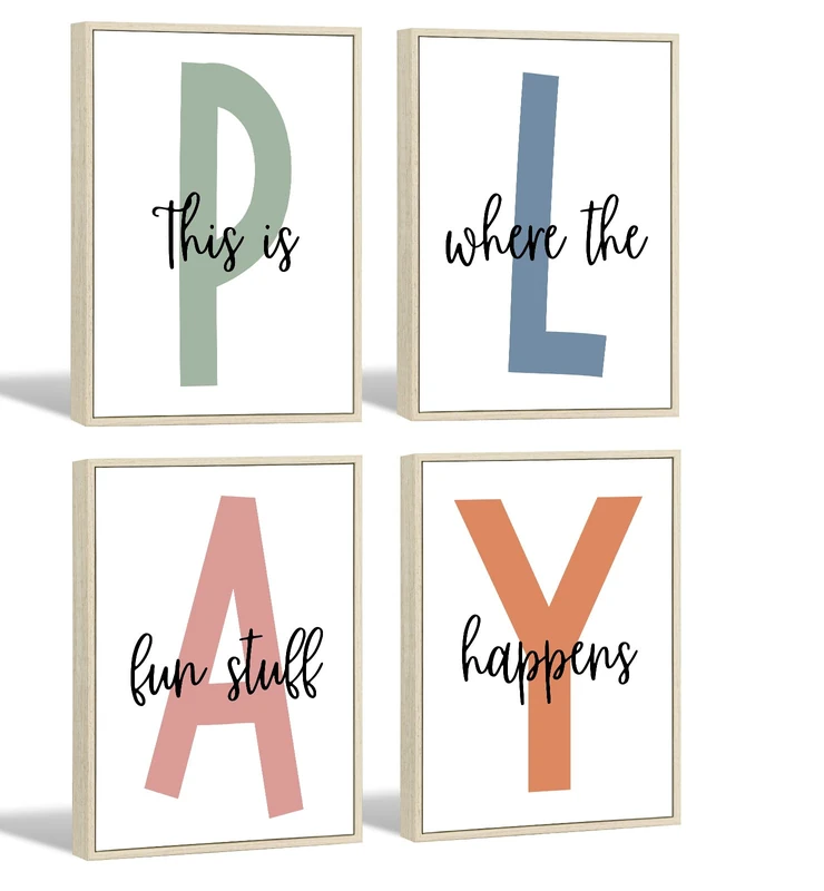 Baccone Kids Playroom Wall Art Decor - Canvas Prints for Children's Room, Boy's Nursery - Let's Play Sign - 12x16 Inch Set of 4 Framed