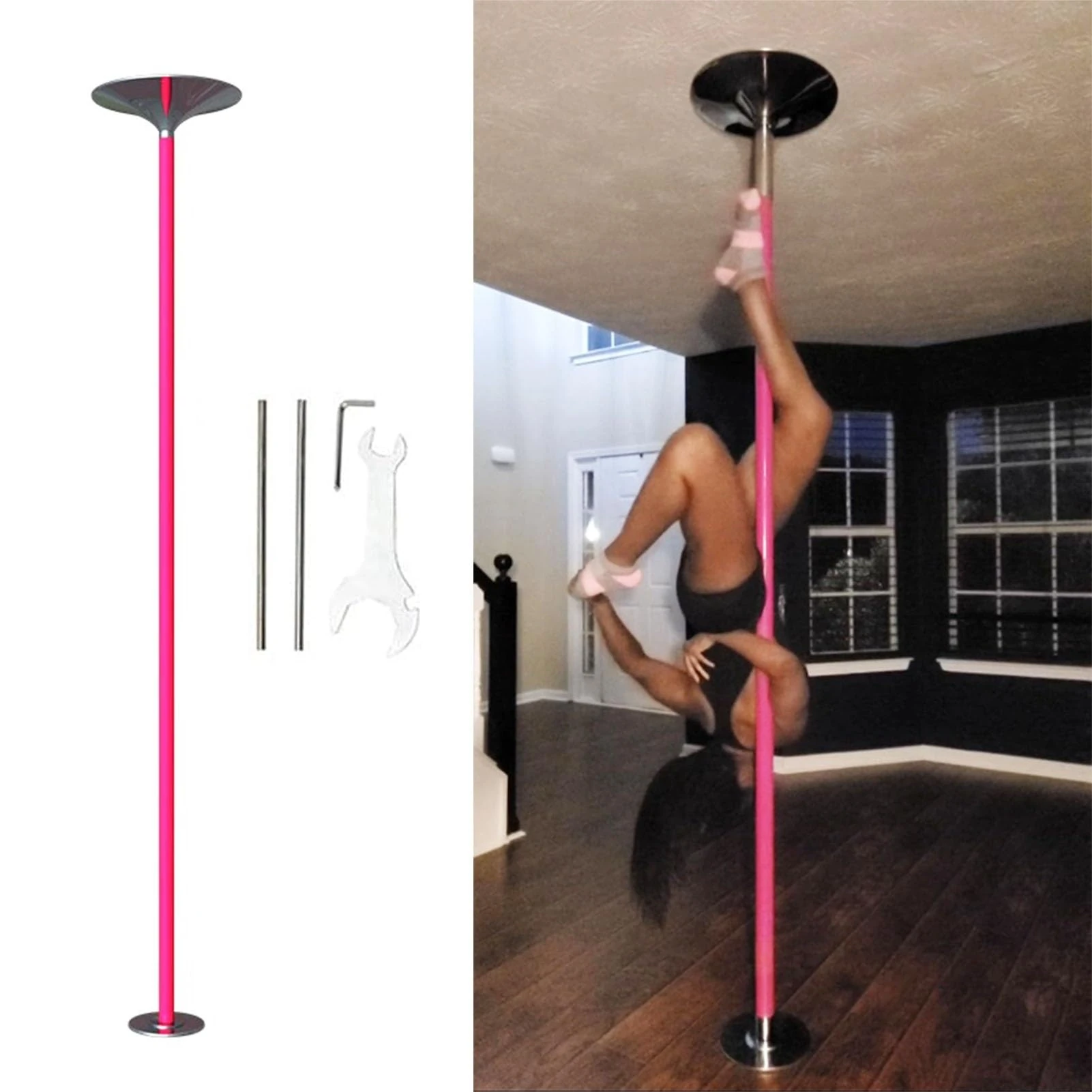 NUNETH Portable Pink Silicone Dance Pole for Home, 2.3-3 M Spinning Stripper Pole Dancing Pole with Extension Rod, 360° Rotating and Static Training Bar
