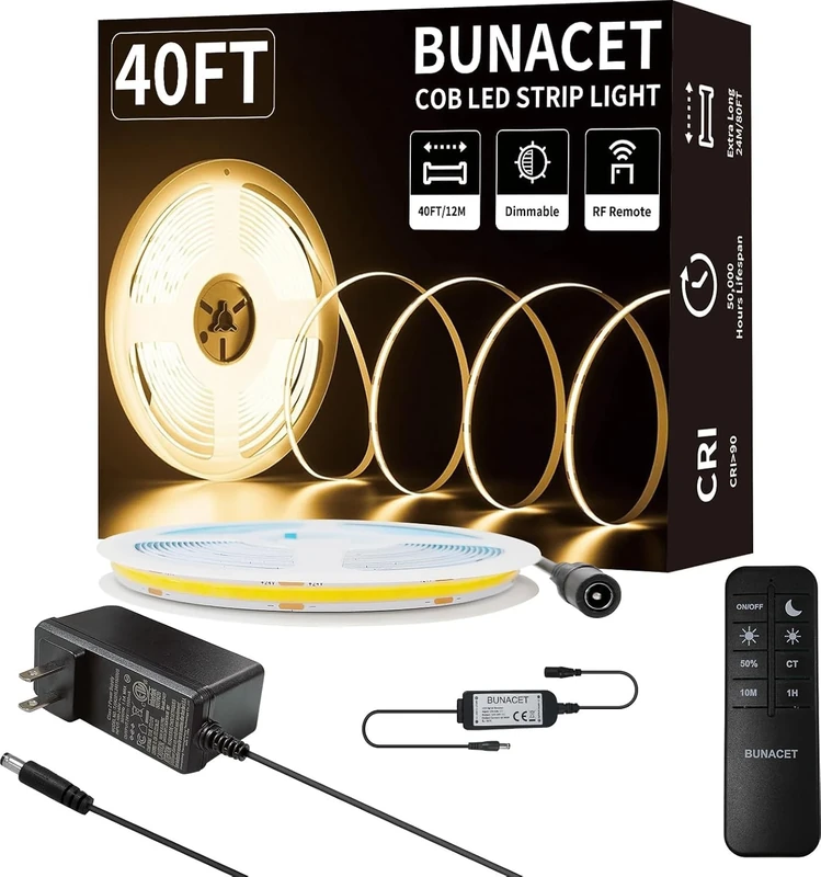 BUNACET COB LED Strip Lights Dimmable 12M 24V, Bright COB Light Strip Kit Warm White 3000K with RF Remote & Power Supply, 2880LEDs, CRI90+ Dotless COB LED Tape Light for Bedroom Cabinet Home Decor
