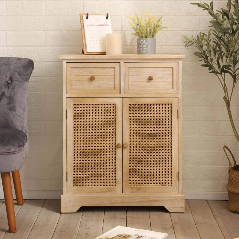 Home Source Solid Wood Rattan Sideboard Cabinet, 2 Storage Drawers, 1 Cupboard