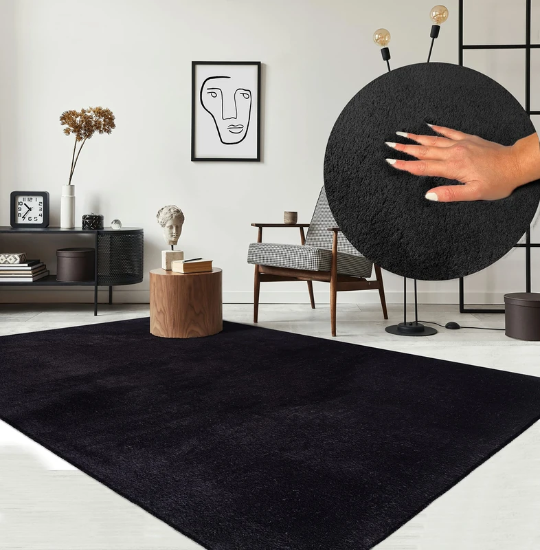 the carpet Relax Rug, Modern, Fluffy, Short Pile, Non-Slip Underside, Washable up to 30°C, Super-Soft, Fur Look, Black, 200 x 280 cm